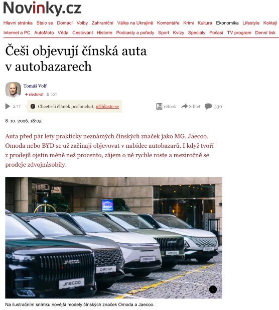 Napsali o nás - Češi objevují čínská auta v autobazarech - Novinky.cz