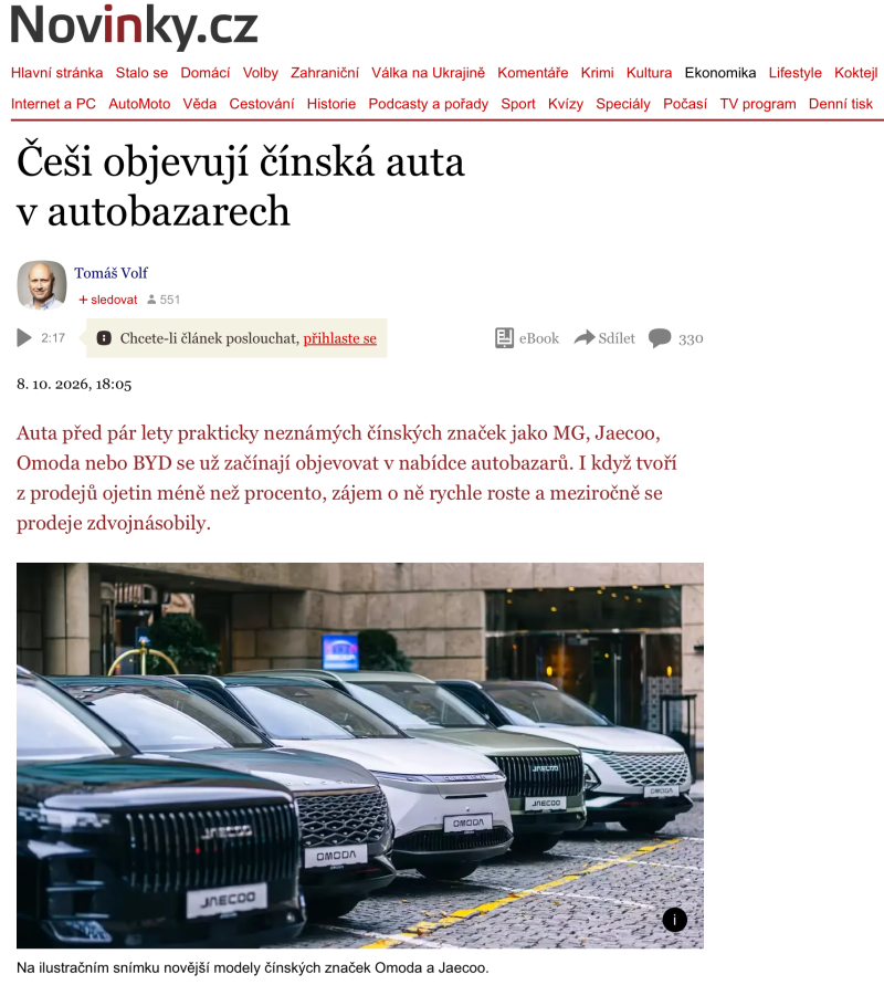 Napsali o nás - Češi objevují čínská auta v autobazarech - Novinky.cz